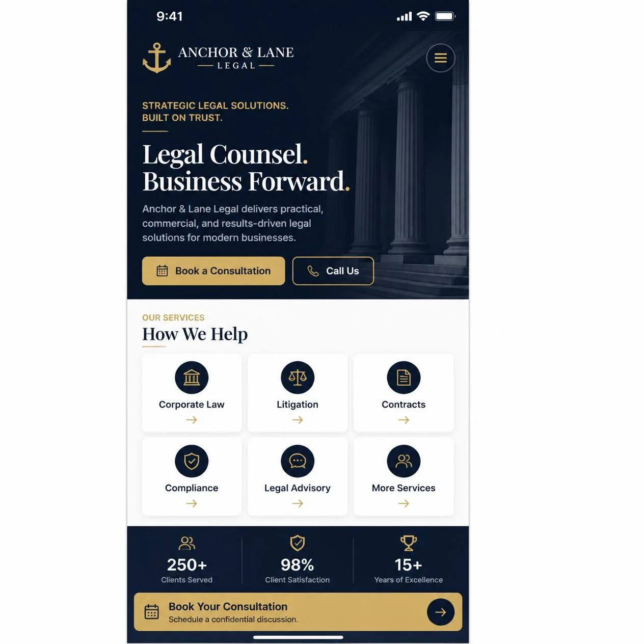 Anchor & Lane Legal — Mobile layout, designed alongside desktop rather than adapted after the fact.