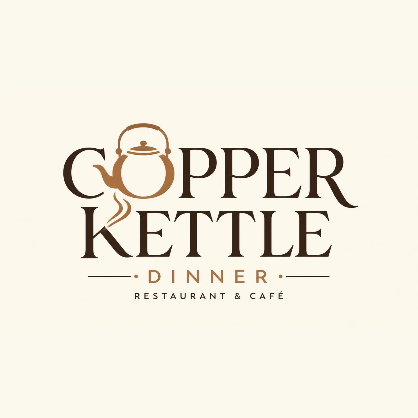Copper Kettle Dinner — Primary logomark — a copper kettle worked into the wordmark itself.