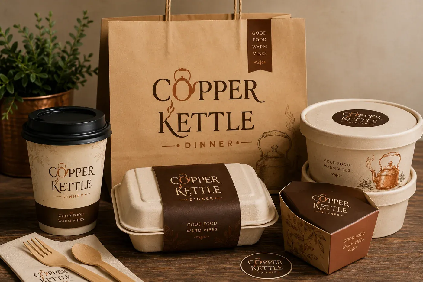 Copper Kettle Dinner — Takeaway packaging system carrying the identity through to delivery and takeout.